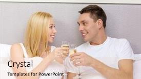  Presentation with relationships - Audience pleasing PPT layouts consisting of hotel travel relationships and happiness concept - smiling couple with champagne glasses in bed backdrop and a lemonade colored foreground