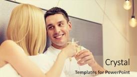  Presentation with relationships - PPT theme featuring hotel travel relationships and happiness concept - smiling couple with champagne glasses in bed background and a lemonade colored foreground