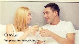  Presentation with relationships - Colorful PPT layouts enhanced with hotel travel relationships and happiness concept - smiling couple with champagne glasses in bed backdrop and a lemonade colored foreground