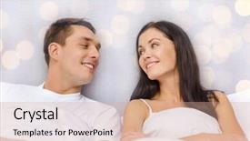  Presentation with relationships - Cool new presentation theme with hotel travel relationships and happiness concept - happy couple dreaming in bed over lights background backdrop and a coral colored foreground