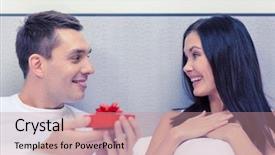  Presentation with relationships - Slides having hotel travel relationships holidays and happiness concept - man giving woman little red gift box background and a coral colored foreground