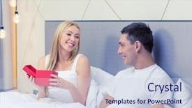  Presentation with relationships - Presentation enhanced with hotel travel relationships holidays and happiness concept - smiling couple in bed with red gift box background and a lemonade colored foreground