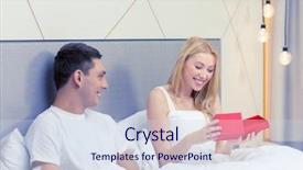  Presentation with relationships - Slides enhanced with hotel travel relationships holidays and happiness concept - smiling couple in bed with red gift box background and a sky blue colored foreground