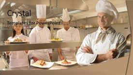  Presentation with hotel kitchen - Colorful PPT theme enhanced with hotel industry - group of cooks backdrop and a coral colored foreground