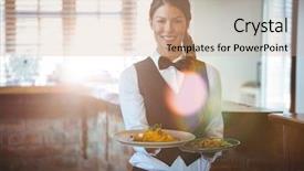  Presentation with waitress - PPT layouts enhanced with waitress holding dishes in a restaurant background and a coral colored foreground