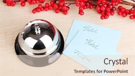  Presentation with hospitality hotel reception female receptionist - Slides with hotels bell - hotel reception isolated on white background and a lemonade colored foreground