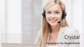  Presentation with headphones - Presentation design having hotline - smiling female helpline operator background and a soft green colored foreground