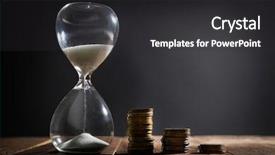  Presentation with gray - PPT theme enhanced with hourglass with coins on wooden background and a dark gray colored foreground
