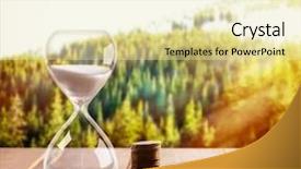  Presentation with old wooden table food - Slide deck enhanced with hourglass with coins on wooden background and a  colored foreground