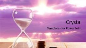  Presentation with bright - Slide set consisting of hourglass with coins on wooden background and a  colored foreground