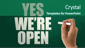  Presentation with yes - PPT theme featuring opening hours - yes we're open background and a ocean colored foreground