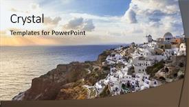  Presentation with merger sunset - Audience pleasing slide deck consisting of summer beautiful white house - santorini sunset oia village greece backdrop and a light blue colored foreground
