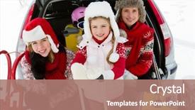  Presentation with winter family - Theme with car house - winter ski holidays travel background and a coral colored foreground