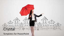  Presentation with out of order - PPT theme having house ambrella - businesswoman with red umbrella held background and a light gray colored foreground