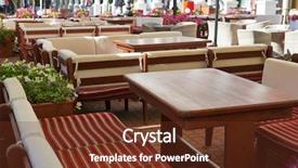  Presentation with city street - Audience pleasing slide deck consisting of house ambrella - empty street cafe interior backdrop and a tawny brown colored foreground