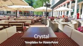  Presentation with under umbrella - Slide deck having house ambrella - empty street cafe interior background and a tawny brown colored foreground