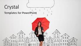  Presentation with under umbrella - Slide deck with house ambrella - smiley woman with red umbrella background and a white colored foreground