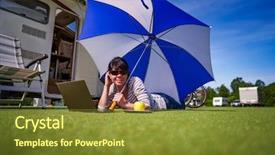  Presentation with under umbrella - Cool new slide set with house ambrella - woman on the grass looking backdrop and a tawny brown colored foreground