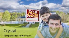  Presentation with father son and looking - Colorful theme enhanced with house and sold real estate backdrop and a  colored foreground