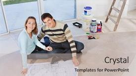  Presentation with young happy couple - Cool new theme with house blueprints - happy young couple sitting together backdrop and a  colored foreground