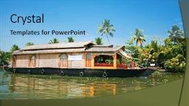  Presentation with house boat - PPT theme having house boat - exciting journey with a houseboat background and a light blue colored foreground