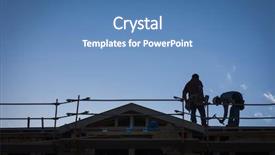  Presentation with building construction - Presentation featuring house build - construction workers silhouette on roof background and a teal colored foreground