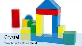  Presentation with wooden toy - Theme having house built out of wooden toy on a white background background and a light blue colored foreground