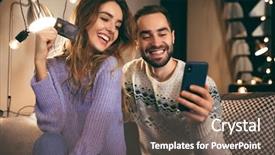  Presentation with mobile home - Slides consisting of house cards - cheerful young couple sitting together background and a violet colored foreground