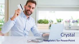  Presentation with online shopping and delivery - Colorful slide deck enhanced with house cards - handsome business man shopping online backdrop and a sky blue colored foreground