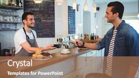  Presentation with credit card - PPT layouts with house cards - happy young customer giving credit background and a coral colored foreground