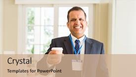  Presentation with identification card - Beautiful slide deck featuring house cards - middle age business man drinking backdrop and a coral colored foreground