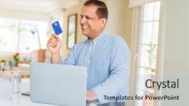  Presentation with credit card - Colorful presentation design enhanced with house cards - middle age man showing credit backdrop and a light blue colored foreground