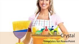  Presentation with cleaning - Presentation theme having house cleaning - young smiling cleaner woman isolated background and a yellow colored foreground