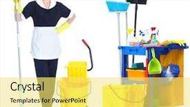  Presentation with house maid - PPT layouts enhanced with house cleaning mop - cleaner maid woman with janitor background and a yellow colored foreground