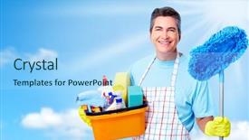  Presentation with blue professional - Slides enhanced with house cleaning mop - professional cleaner man over blue background and a light blue colored foreground