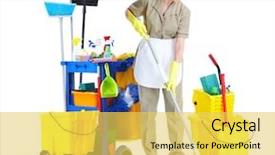  Presentation with house maid - Theme featuring house cleaning mop - young cleaner maid woman isolated background and a yellow colored foreground