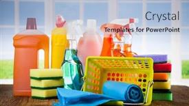  Presentation with house window - Cool new PPT theme with house-cleaning-product-on-wood backdrop and a light blue colored foreground