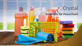  Presentation with house window - Cool new presentation theme with house-cleaning-product-on-wood backdrop and a light blue colored foreground