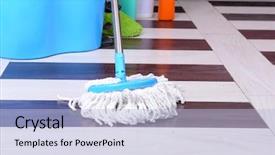  Presentation with cleaning services - Colorful slide set enhanced with house cleaning with mop backdrop and a light blue colored foreground