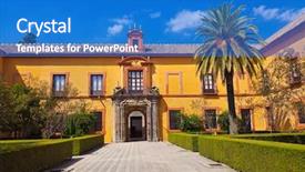  Presentation with gardens - Theme consisting of house clouds blue sky - real alcazar gardens in seville background and a teal colored foreground