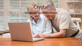  Presentation with senior couple - Presentation design with house computer - senior couple using the laptop background and a coral colored foreground