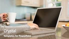  Presentation with social isolation - Slide deck featuring house computer - woman using laptop and holding background and a  colored foreground