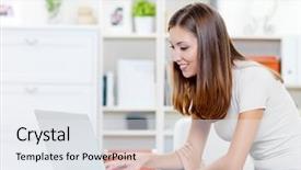  Presentation with beautiful black women smiling - Colorful PPT theme enhanced with house computer - young beautiful smiling woman prints backdrop and a sky blue colored foreground