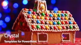  Presentation with gingerbread house decorated colorful candies - Presentation design having house decorated with colorful candies background and a  colored foreground