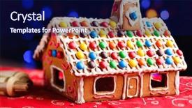  Presentation with gingerbread house decorated colorful candies - Audience pleasing slides consisting of house decorated with colorful candies backdrop and a navy blue colored foreground