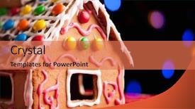  Presentation with gingerbread house decorated colorful candies - Slides featuring house decorated with colorful candies background and a coral colored foreground