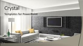  Presentation with interior design - Presentation theme featuring house decoration - modern interior 3d render living-room background and a sky blue colored foreground