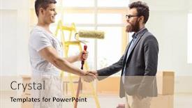  Presentation with shaking hands - PPT theme enhanced with house-decorator-with-a-roller background and a lemonade colored foreground