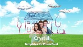  Presentation with blue green - Cool new slide deck with house drawing - happy family lying on top backdrop and a tawny brown colored foreground