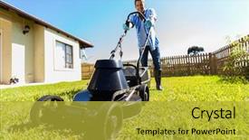  Presentation with low angle view of hockey - Colorful slide set enhanced with view of young man mowing backdrop and a yellow colored foreground